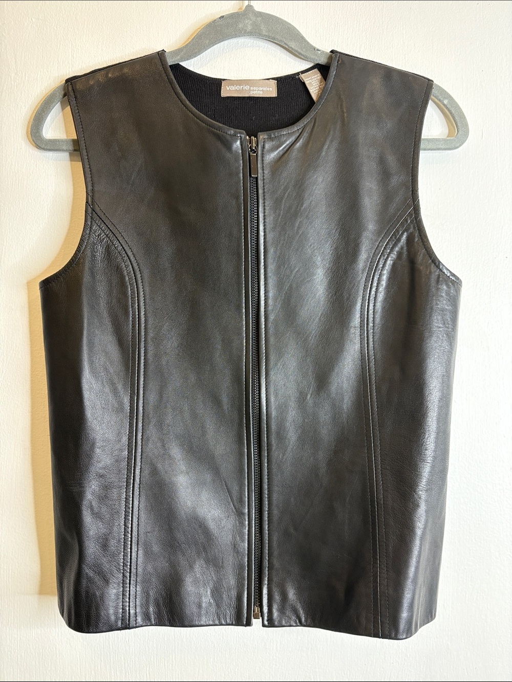 Valerie Stevens Black Leather Merino Wool Zip-Front Vest Petite Medium